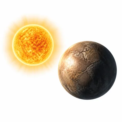 A glowing star beside a rocky planet that reflects light.