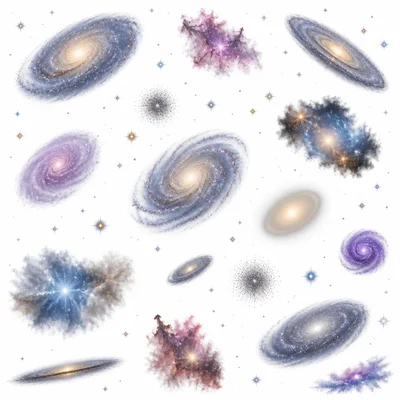 Many galaxies and star clouds spread across the universe.