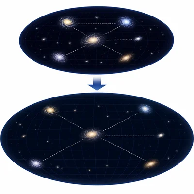 Galaxies move farther apart as space expands.
