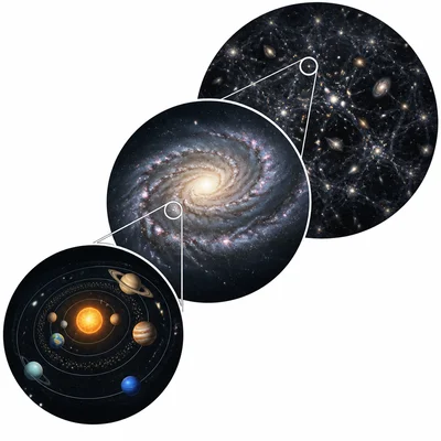 The solar system nested inside a galaxy within the wider universe.
