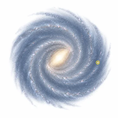A spiral galaxy with a small highlighted location in one outer arm.