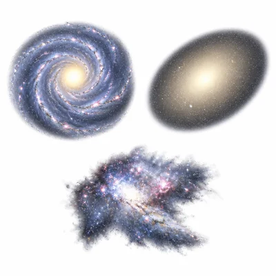 Three galaxy shapes: spiral, oval, and irregular.