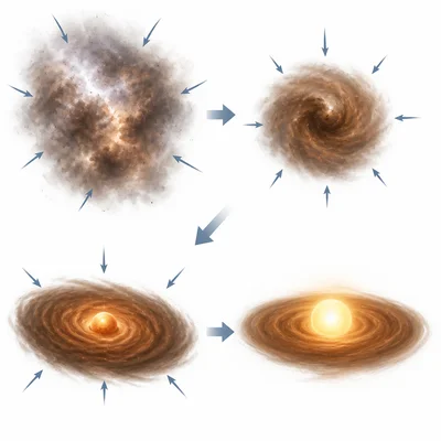 Gas and dust clouds pulled inward by gravity to form stars.