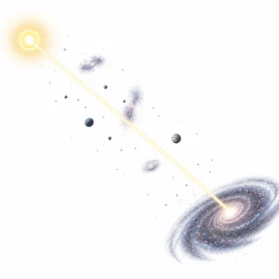 A beam of light travels a long distance through space.
