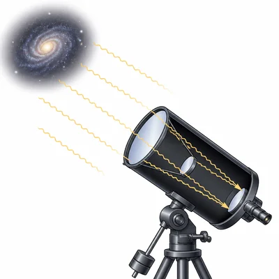 A telescope receives light from a distant galaxy.