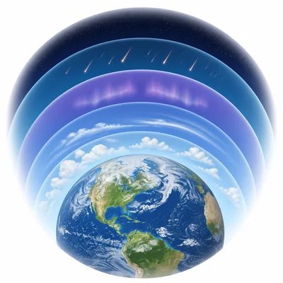 Earth with five colored atmospheric layers stacked above it.