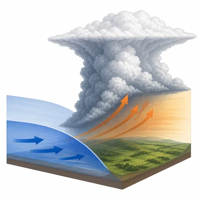 Cold air wedge lifting warm air to form storm clouds at a cold front.