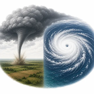 Tornado funnel over land compared with a spiral hurricane over ocean.