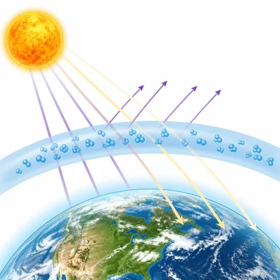 Ozone layer shown as a protective band blocking some sunlight rays above Earth.