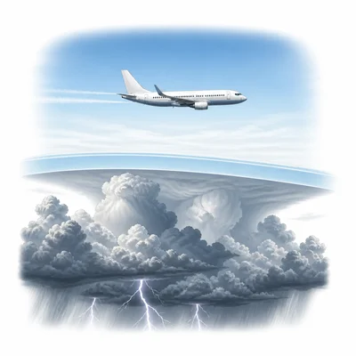 Airplane flying above storm clouds in a calmer atmospheric layer.