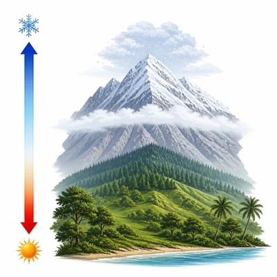 Temperature shown decreasing from warm low altitude to cold high altitude.