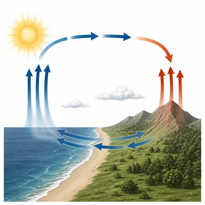 Uneven heating creates rising warm air, sinking cool air, and wind.