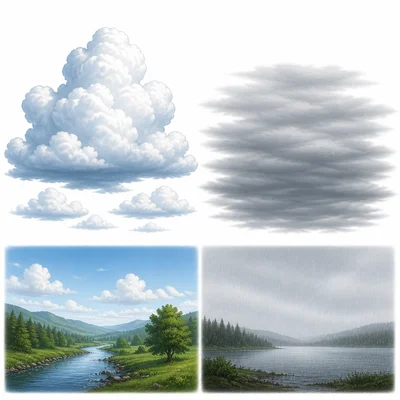 Puffy cumulus clouds compared with flat stratus clouds and drizzle.
