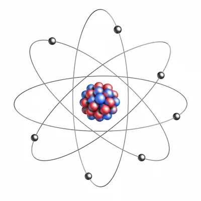 Atom diagram showing protons and neutrons in the nucleus and electrons around the outside.