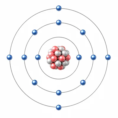 Aluminum atom model with thirteen protons, fourteen neutrons, and thirteen electrons arranged in shells.