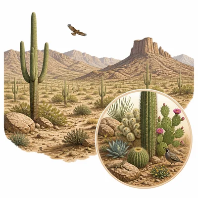 A large desert biome with a small inset showing a local cactus ecosystem.