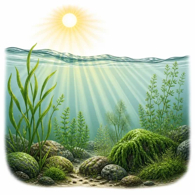 Sunlight reaching underwater plants and algae in an aquatic ecosystem.