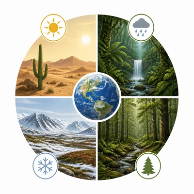 Different climates shown with matching biomes such as desert, rainforest, tundra, and forest.