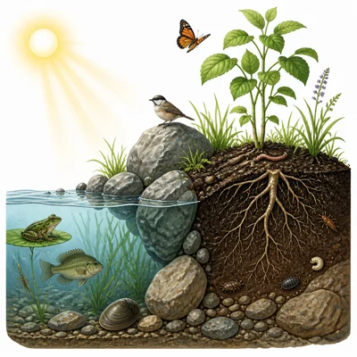 Sunlight, water, rocks, and soil affecting plants and small animals.