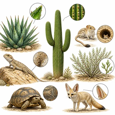 Desert plants and animals showing adaptations for dry, hot conditions.