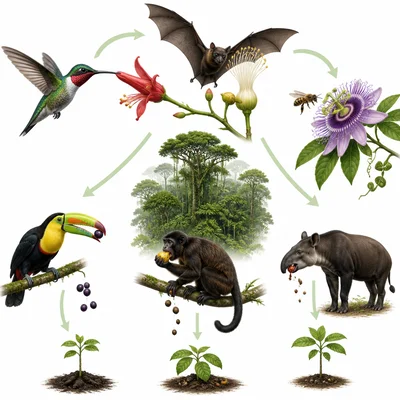 Rainforest animals helping plants through pollination and seed dispersal.