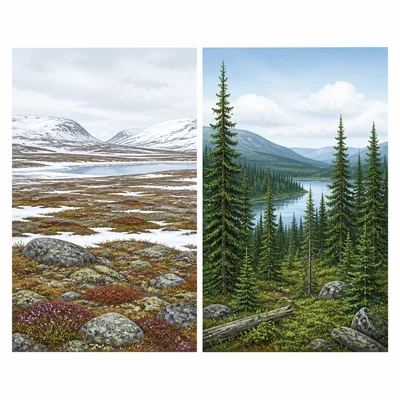 Side-by-side tundra and taiga landscapes.