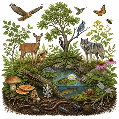 A biodiverse ecosystem with many different plants, animals, and fungi.