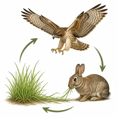 Grass eaten by a rabbit, which is hunted by a hawk.