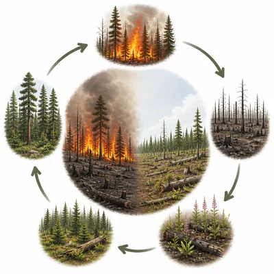 A forest fire causing damage while also allowing new growth.