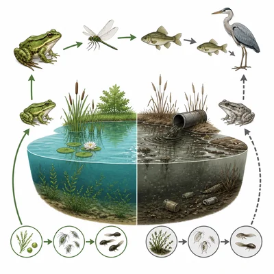 Pollution in a pond reducing frogs and disrupting the food web.
