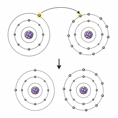 Diagram showing an electron transferring from one atom to another to form an ionic bond.