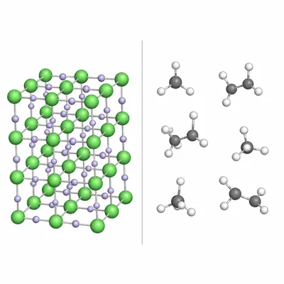Comparison of a repeating ionic lattice and separate molecular covalent compounds.