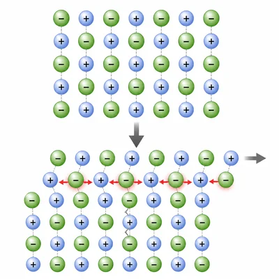 Ionic lattice layers shifted so similar ions repel, causing the crystal to crack.
