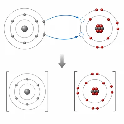 Diagram showing two electrons transferring from a metal atom to an oxygen-like atom to form an ionic compound.
