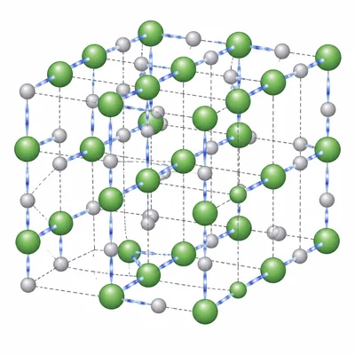 Ionic crystal lattice with many strong attractions between alternating ions.