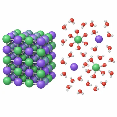 Comparison of ions locked in a solid lattice versus free-moving ions in water.