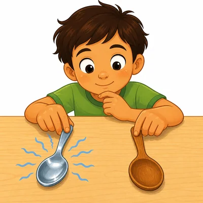 A child touches a metal spoon that seems colder than a wooden spoon.