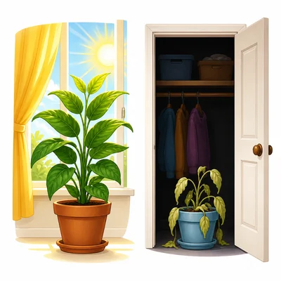 One healthy plant in sunlight and one smaller droopy plant in a dark closet.