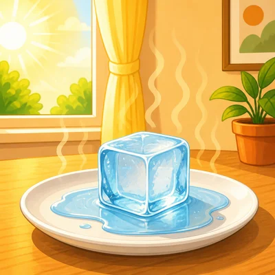 A partly melted ice cube on a plate in a warm sunny room.