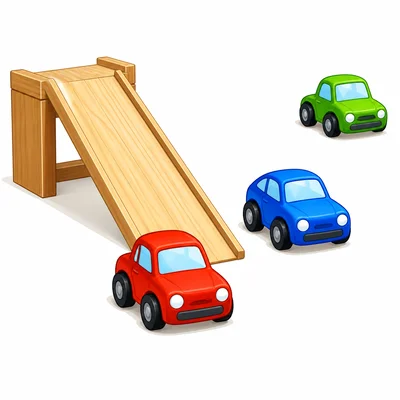 Three toy cars stopped at different distances from a ramp, with one farthest away.