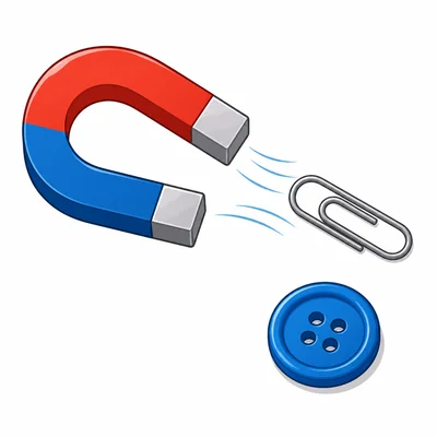 A magnet attracts a paper clip but not a plastic button.