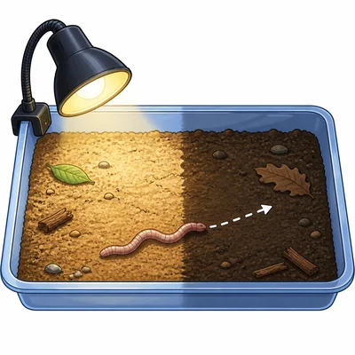 A worm moves away from a lamp toward the dark side of a tray.