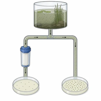 Experimental setup comparing pond water with and without a filter, ending in petri dishes.