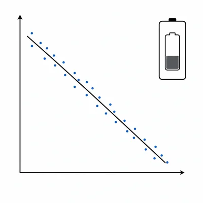 Unlabeled graph showing a strong negative relationship, with a small phone battery icon.