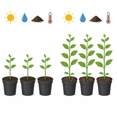 Two controlled plant groups, one shorter and one taller with fertilizer pellets.