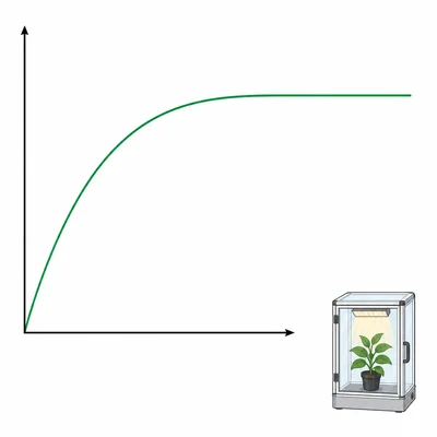 Unlabeled saturation curve with a small sealed plant growth chamber icon.