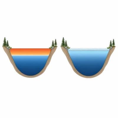 Side-by-side lake cross-sections showing different summer and winter temperature patterns.