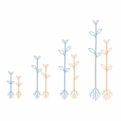 Four pairs of plants grow taller over time, with predicted plants slightly taller than observed plants.