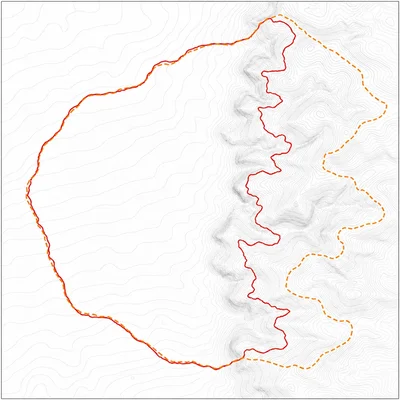 Wildfire boundaries match on flat land but diverge in steep terrain.