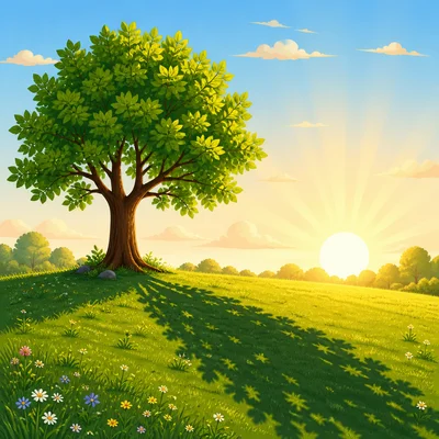 A low Sun casts a long shadow from a tree.